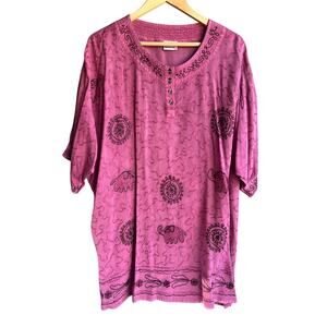 Bowski Women's Vintage Tunic Tops Embroidered Elephants Pink Plus Size 2X Cotton